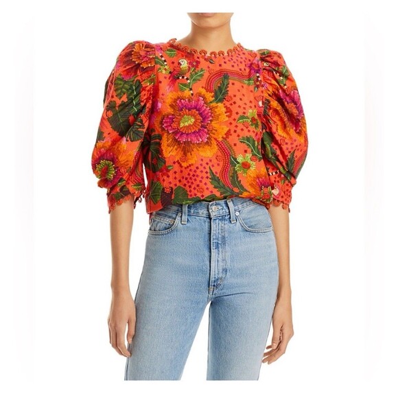 FARM RIO Blooming Garden Puff-Sleeve Top Medium Orange Floral Tropical Bohemian - Picture 1 of 12